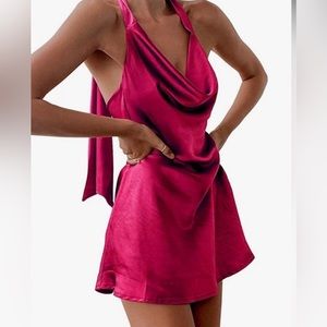 Cantonwalker Women's Sz M Cowl Neck Halterneck Slip On Backless Satin Mini Dress